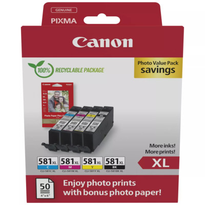 Originální inkoust Canon CLI-581XL (2052C006), CMYK, 4 x 8,3 ml, XL +PP-201 50 listů